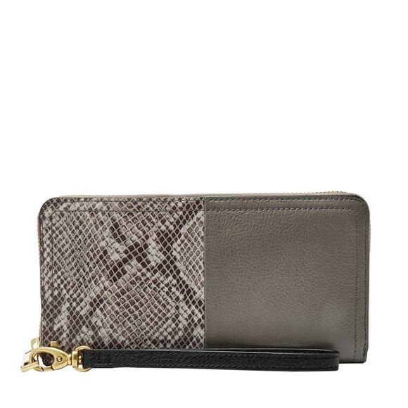 New! FOSSIL Logan RFID Wallet Zip Clutch Wristlet Strap Taupe Snakeprint Black - Picture 3 of 10